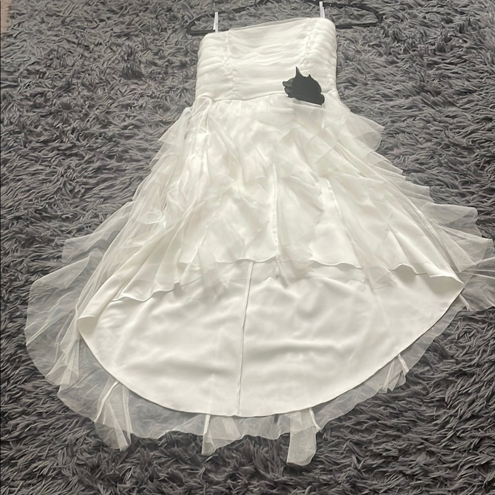 Finesse Cream Asymmetrical Tiered Formal Spaghetti Strap Dress